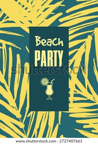 This beach party flyer template features bold yellow palm leaves set against a dark background, creating a vibrant tropical night atmosphere. Accented with a stylish cocktail glass illustration, the design is perfect for promoting summer beach parties, nightlife events, DJ nights, tropical festivals, or resort celebrations. Ideal for posters, flyers, and digital promotions.