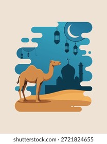 Dieses wunderschöne Kunstwerk zeigt ein Kamel inmitten von Wüstendünen, einen glühenden Mond und eine Moschee, die ein Gefühl von Frieden und islamischer Tradition hervorruft.