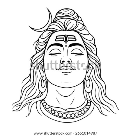 This beautiful black and white line art illustration depicts the serene and powerful form of Lord Shiva, a prominent Hindu deity