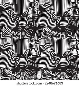 This is a beautiful black and white vector illustration of an organic and intricate pattern. The design features a repeating motif of swirling, interconnected shapes that resemble leaves or branches