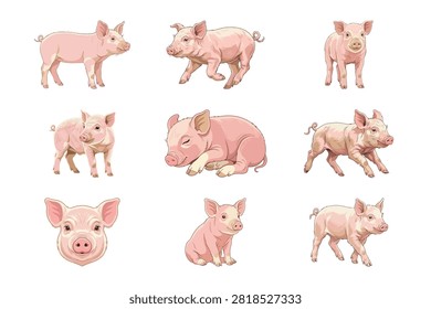 This beautiful collection features nine distinct watercolor illustrations of adorable pink piglets presented on a clean white background. Each charming character displays unique poses and playful expressions that capture the essence of these gentle farm animals.