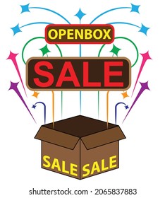 Esta es una hermosa y colorida pegatina de venta de caja abierta para publicidad. Es una expresión simbólica del texto de venta en caja abierta.