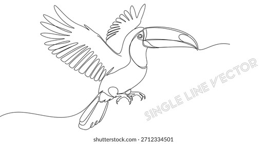 This beautiful continuous line art illustration features a majestic toucan in flight, showcasing a modern minimalist aesthetic Perfect for branding, wall art, or projects needing exotic charm