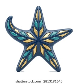 This beautiful decorative starfish features a glossy dark blue finish adorned with gold and teal geometric patterns. The modern nautical sculpture stands isolated against a clean white background showcasing its intricate design details and elegant craftsmanship.