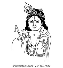 Este belo esboço desenhado à mão retrata o Senhor Krishna em uma forma divina, descansando amorosamente com uma vaca, simbolizando a paz, o amor e a unidade espiritual.