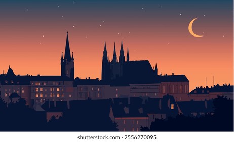 This beautiful illustration depicts the stunning Prague Castle at dusk, framed by a deep blue sky dotted with stars and a crescent moon