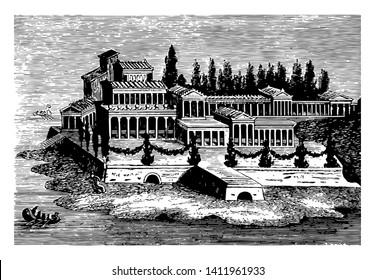 This is the beautiful image of the Roman villa. It is a fresco painting of a Roman villa. There is a larger palace along with trees. Crossing the palace there is a sea, vintage line drawing