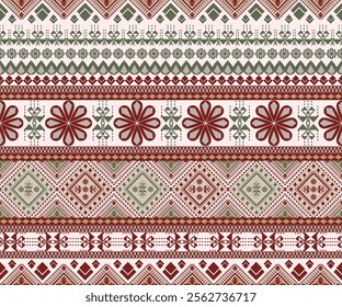 This beautiful pattern showcases an intricate design inspired by traditional folk and tribal art. Featuring a harmonious palette of earthy red, green