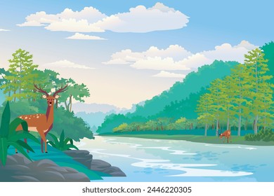 This beautiful scenery background design image with a combination of blue and green colors is suitable for wallpaper, covers, banners, frames, etc.