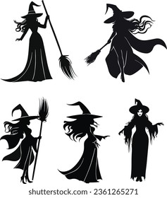 This is a beautiful set of silhouettes, artwork vector of women in a witch costume wearing a dark dress and a hat.