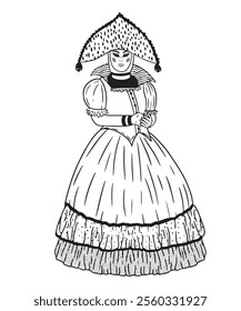 Esta é uma bela ilustração de moda tradicional que retrata uma mulher vestindo vestido histórico