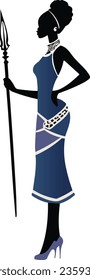 This is a beautiful vector artwork of an afro woman in a purple dress holding a spear, African female silhouette wearing an elegant tribal costume gown.