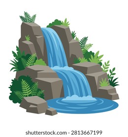 This beautiful vector illustration features a refreshing blue waterfall cascading down over textured rocky cliffs surrounded by lush green foliage and tropical plants in a peaceful forest setting that captures the serene beauty of the natural environment