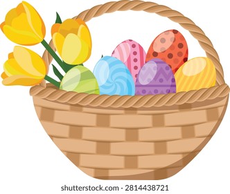 This beautiful vector illustration features a traditional woven Easter basket filled with colorful decorated eggs and decorated with bright yellow tulip flowers. The artwork combines classic Easter symbols, spring floral elements, and festive colors to represent renewal, celebration, family traditions, and seasonal joy. This design is ideal for Easter greeting cards, holiday invitations, spring advertisements, social media graphics, posters, packaging, and decorative artwork.

Easter is one of the most celebrated spring holidays worldwide, with traditions that focus on themes of new life, hope, happiness, and togetherness. Among the most recognizable symbols of Eastertide are decorated eggs and flower arrangements. This illustration brings these elements together in a harmonious composition that reflects the beauty and warmth of the holiday season.

The woven basket is the central foundation of the design. Eastertide baskets have a long history as symbols of celebration, sharing, and abundance. Traditionally, baskets are used to collect decorated eggs, chocolates, flowers, and holiday gifts. The woven texture represents craftsmanship, handmade traditions, and the connection between natural materials and festive celebrations.

The colorful eggs placed inside the basket are the main decorative elements. Eastertide egg symbolize new beginnings, growth, and renewal. Decorating egg is a traditional activity enjoyed by families and communities, with different cultures creating unique patterns, colors, and artistic styles.

The patterned egg in this illustration add creativity and visual interest. Designs such as stripes, dots, and decorative patterns represent the handmade nature of Eastertide crafts. Each adorned egg can symbolize individuality, imagination, and the joy of creating something special for the holiday.

The yellow tulips surrounding the basket add a strong connection to springtime. Tulips are popular seasonal flowers that represent beauty, freshness, happiness, and the arrival of warmer weather.