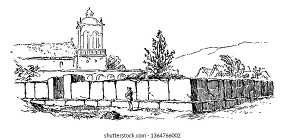 This is the beautiful view of Chucuito. It has the structure as a small temple. Crossing the Chucuito there are small trees, vintage line drawing or engraving illustration.