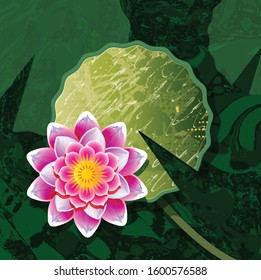 This beautiful waterlily or lotus flower is complimented by the rich colors of the deep green water surface. Vector illustration with ebru abstract liquid paint background