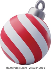 This beautifully crafted 3D illustration showcases a festive ornament designed with a striking red and white striped pattern inspired by classic candy cane visuals. The spherical form features a smooth, glossy surface that reflects light subtly, enhancing its premium and polished appearance. A metallic cap with a small loop is attached at the top, completing the realistic hanging detail and making the design instantly recognizable as a traditional decorative piece used during seasonal celebrations. The balanced combination of vibrant color and minimal styling creates a clean yet eye-catching visual suitable for modern creative projects.

The stylized 3D approach gives this bauble a contemporary feel while still preserving the nostalgic charm associated with winter festivities. Its simple yet elegant structure allows it to stand out as a focal element or blend seamlessly into more complex compositions. Designers and content creators can use this asset for greeting cards, promotional banners, social media posts, mobile applications, and themed website graphics. The candy-inspired striping adds a playful touch, making it especially appealing for family-friendly visuals, retail campaigns, and event promotions.

With its high-quality rendering and carefully defined edges, this ornament maintains clarity and sharpness across different sizes and formats. It works effectively in both digital and print media, offering flexibility for branding, advertising, and decorative layouts. The neutral yet vibrant palette ensures compatibility with a wide range of backgrounds, from light and airy compositions to darker, more dramatic scenes. Its minimal aesthetic also supports modern design trends, making it a valuable addition to any seasonal asset collection.

This decorative bauble illustration represents celebration, warmth, and creativity, providing a timeless symbol that enhances visual storytelling for winter-themed projects.