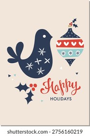 This beautifully crafted digital illustration features a stylized greeting card inspired by folk art design, capturing the warmth and charm of the holiday season. The composition presents a dark blue bird as the central element, decorated with delicate white star patterns that add texture and visual interest. The bird is paired with a decorative ornament, creating a balanced and engaging focal point that reflects traditional seasonal artistry.

The background is kept in a light tone, allowing the detailed illustration to stand out clearly while maintaining a soft and inviting appearance. Festive accents such as holly leaves and bright red berries are carefully incorporated into the design, enhancing the seasonal theme and adding vibrant contrast. These elements contribute to a harmonious composition that blends natural motifs with decorative styling.

The greeting “Happy HOLIDAYS” is prominently displayed in a stylized font, complementing the illustration and reinforcing the festive message. The typography is thoughtfully integrated into the layout, ensuring readability while maintaining the artistic character of the design. The combination of text and imagery creates a cohesive and visually appealing holiday card.

This illustration is ideal for use in greeting cards, invitations, seasonal banners, and digital promotions. Its folk art style makes it especially suitable for creative projects that seek a handcrafted or traditional aesthetic, while still fitting into modern design contexts. The clean vector format allows for easy scaling and adaptation across different platforms.

Perfect for both print and digital applications, this artwork can be used in posters, packaging, social media graphics, and decorative materials. The detailed patterns and balanced composition ensure a strong visual presence while maintaining an elegant and friendly tone.

This high quality art is suitable for personal as well as commercial use, offering flexibility for designers, illustrators, and marketers.