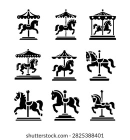 This beautifully crafted vector asset bundle features nine distinct black silhouette variations of classic carousel horses. Ranging from ornate, vintage merry-go-round structures to clean, minimalist standalone stallion silhouettes on poles, this collection captures the nostalgic magic of an amusement park or traditional country fair. These versatile and highly scalable graphics are perfect for theme park branding, nursery decor, birthday invitation layouts, custom vinyl decals, scrapbooking projects, and digital icon designs.#CarouselHorse #MerryGoRound #AmusementPark #CarnivalIcons #VintageCarousel #VectorSilhouettes #SVGCutFiles #NostalgicGraphics #ClipartBundle #GraphicDesignElements