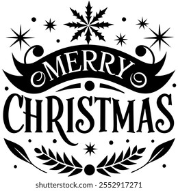 Este es un gráfico de Navidades alegres bellamente diseñado que presenta una tipografía elegante con remolinos decorativos, hojas de acebo y adornos de Navidades. El esquema de colores en blanco y negro le da un toque atemporal 