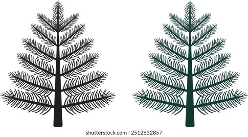 This beautifully designed vector features two pine tree silhouettes, one in black and the other in dark green. The needle-like leaves add a unique level of detail, perfect for nature-themed designs.