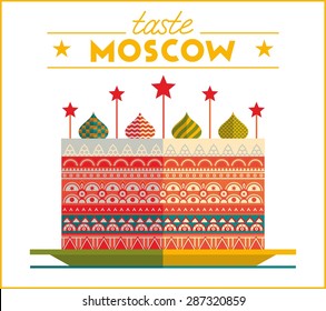 This is beautifully flat illustration cake St. Basil's Cathedral in vector of Moscow topic. Perfect stylish colorful Moscow landmark orthodox church cake. Taste Moscow travel text.