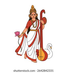 Esta ilustração vetorial lindamente renderizada retrata a Deusa Saraswati, a reverenciada deusa Hindu da sabedoria, aprendizagem, e as artes