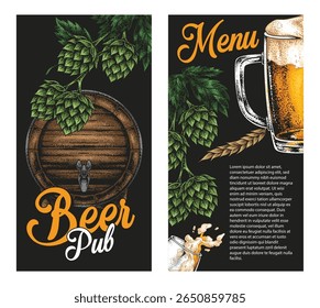 Este bar de cerveja apresenta um barril rústico e lúpulo criando uma atmosfera quente, onde os clientes podem explorar várias cervejas. O menu apresenta uma seleção atraente de bebidas.