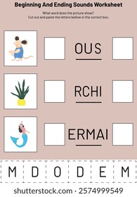 This is a "Beginning and Ending Sounds Worksheet" designed for early learners. The activity involves identifying the beginning and ending sounds of words based on pictures (mouse, orchid, mermaid)