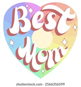 This "Best Mom" lettering, shaped like a heart with a rainbow gradient, features bold white text and sparkles. Perfect for cards, posters, gifts, social media, branding, Mother’s Day, and decor.