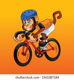 This is a bicycle mascot where a monkey is happily riding a bicycle