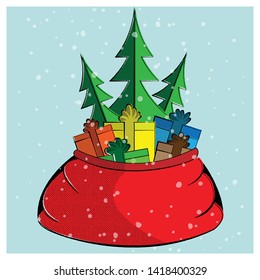 This is a big red Santa's sack with Christmas presents. This vector illustration is made in a retro cartoon style.