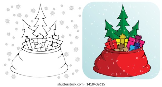 This is a big red Santa's sack with Christmas presents. This vector illustration is made in a doodle style.