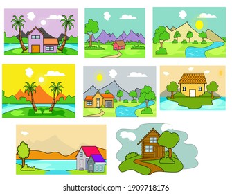 This is a big set of cartoon scenery large pack of different beautiful scenes of nature landscape