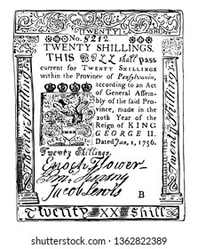 Este proyecto de ley está hecho de papel. Es la moneda de Twenty Shillings Bill Pennsylvania de 1756, ilustración vintage de líneas o ilustración grabadora.