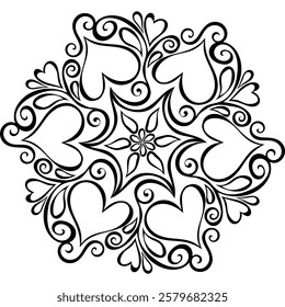 This black circular pattern combines flowers, leaves, and hearts, creating a romantic and elegant linear design inspired by nature