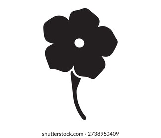 This black five-petal flower silhouette vector icon presents a clean, stylized design with rounded petals and a circular center, supported by a curved stem. Rendered in solid black against a white background, the bold contrast highlights the flower’s simple yet striking form. Its minimal composition makes it versatile for logos, tattoos, decorative graphics, branding, and digital artwork. The timeless silhouette conveys themes of elegance, balance, and natural beauty, while the flat vector style ensures scalability across both print and digital platforms. Perfect for designers seeking a clear and impactful floral vector asset that blends simplicity with symbolic resonance.