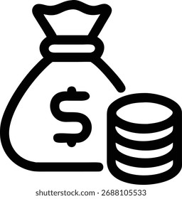 Este ícone preto apresenta um saco de dinheiro com moedas, simbolizando finanças, bancos, investimento e acumulação de riqueza isolados no fundo branco.