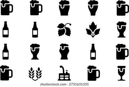 Dieses schwarze Symbolraster verfügt über 20 Bier- und Brausymbole, darunter Becher, Flaschen, Hopfen, Gerste und Ausrüstung - ideal für Branding, Bildmaterial und Designthemen für handwerkliche Getränke.