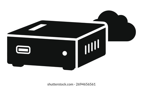 Este icono negro ilustra un servidor compacto conectado a una nube, que simboliza la computación moderna en la nube, las soluciones de almacenamiento de datos y la conectividad de red.