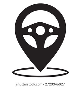 This black icon merges a steering wheel with a location pin. The top part resembles a steering wheel with three circular spokes and a central circle. Below it, the shape transforms into a classic map marker, with a rounded top and a pointed bottom. A small circular outline sits beneath the pin, suggesting a location on a map.