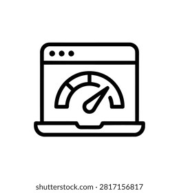 This is a black line art icon depicting a speed test with a gauge on a laptop screen set against