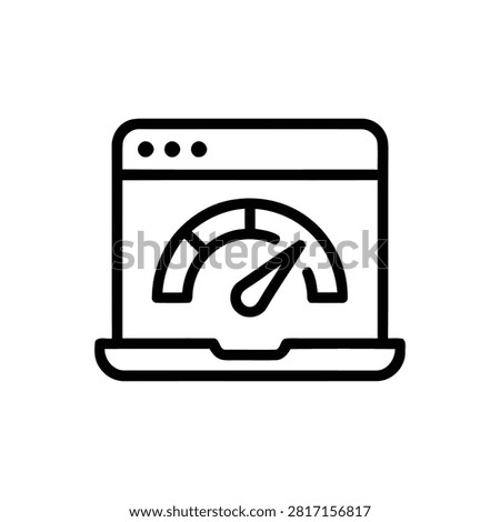 This is a black line art icon depicting a speed test with a gauge on a laptop screen set against