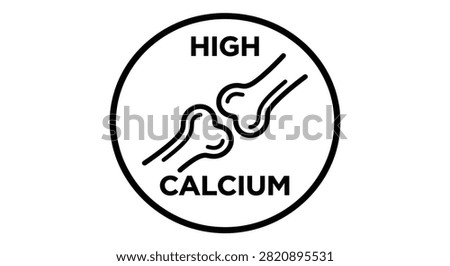 This is a black line art icon depicting a calcium-rich bone structure against a white background. It features text labels 'HIGH' and 'CALCIUM' alongside the skeletal