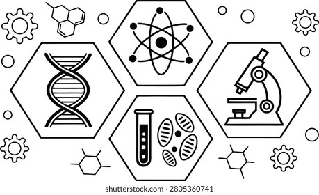 This black line art illustration depicts various scientific elements including molecular structures a dna helix a microscope and cellular forms.