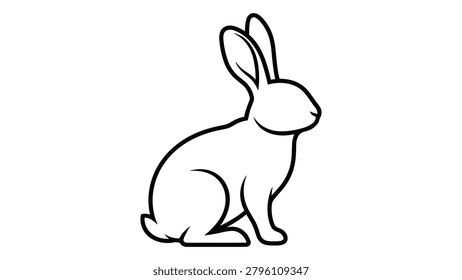 This is a black line art silhouette of a rabbit on a white background. It depicts the animal’s form with