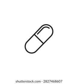 This is a black line drawing of a capsule-shaped pill, presented as a vector graphic with a white background. It