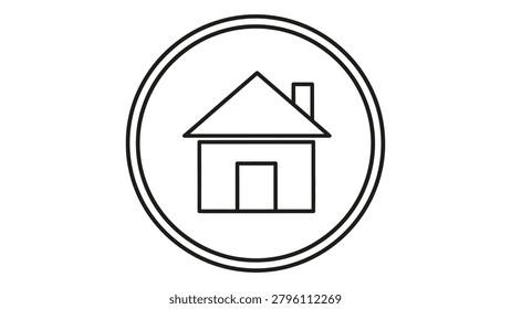 This is a black line drawing of a house silhouette contained within a circular border set against a white background.