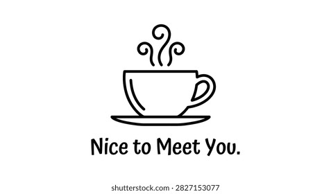 This is a black line drawing of a teacup resting on a saucer, presented as a vector illustration with a white background. The image features steam