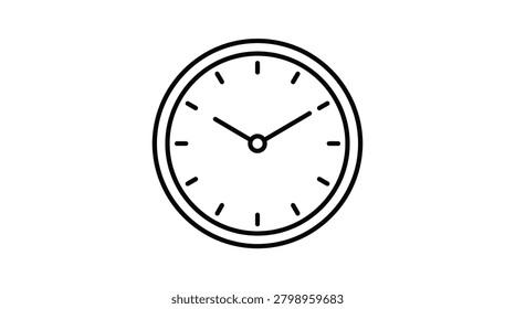This is a black line silhouette of a wall clock with hour and minute hands featuring a circular face and